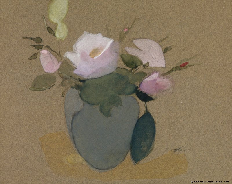 Roses in a Blue-Green Vase, vintage artwork by Helene Schjerfbeck, 12x8" (A4) Poster