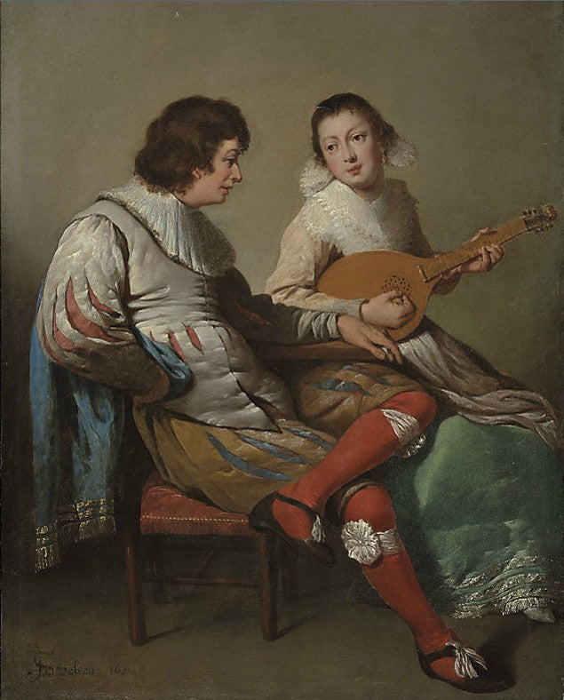 An Elegant Couple Playing Music, vintage artwork by Jacob van Velsen, 12x8" (A4) Poster