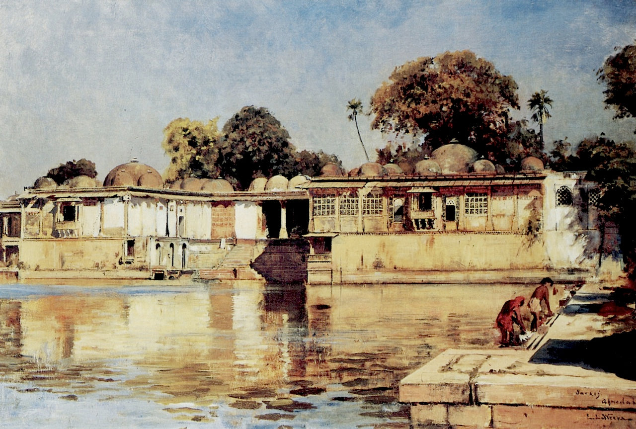 Palace and Lake at Sarkeh, near Ahmedabad, India, vintage artwork by Edwin Lord Weeks, 12x8" (A4) Poster