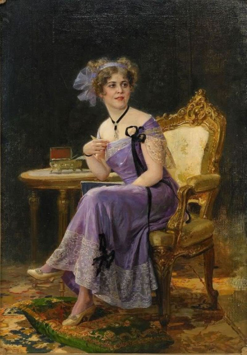 Portrait of Mme Likowskaya, vintage artwork by Nikolai Bodarevsky, 12x8" (A4) Poster