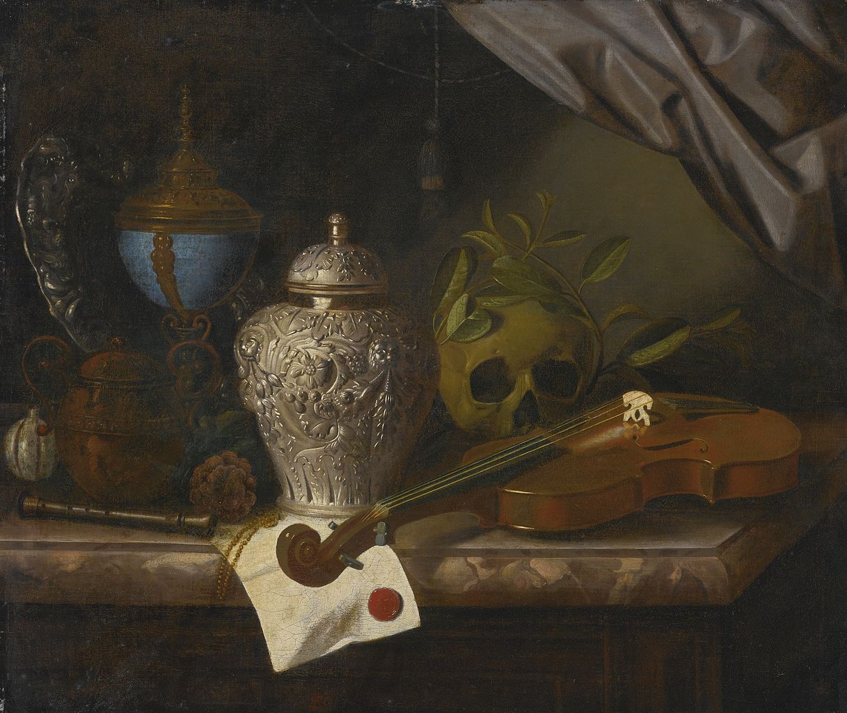 A vanitas still life, vintage artwork by Pieter Gerritz. van Roestraten, 12x8" (A4) Poster