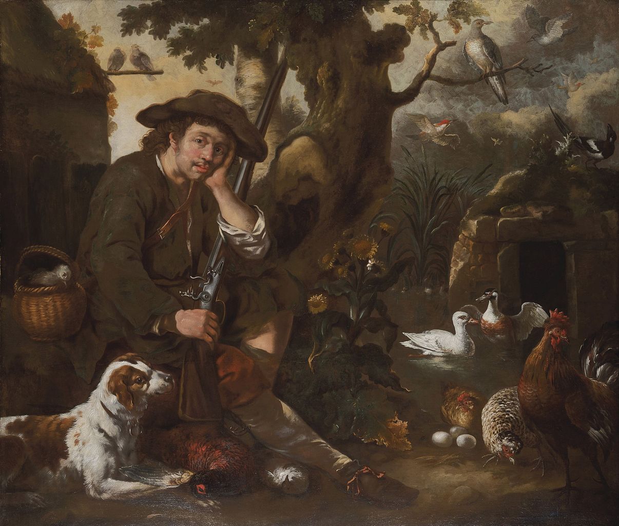 A huntsman resting by a tree with a hound, chickens and other birds, vintage artwork by Eberhart Keilhau, 12x8" (A4) Poster