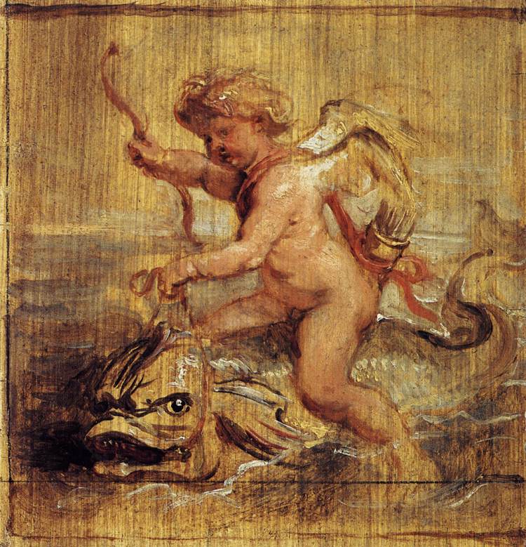 Cupid Riding a Dolphin, vintage artwork by Peter Paul Rubens, 12x8" (A4) Poster