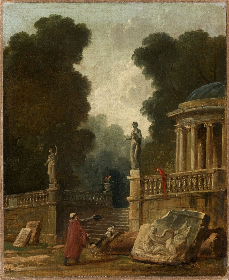 The Beggar and Parrot, vintage artwork by Hubert Robert, 12x8" (A4) Poster
