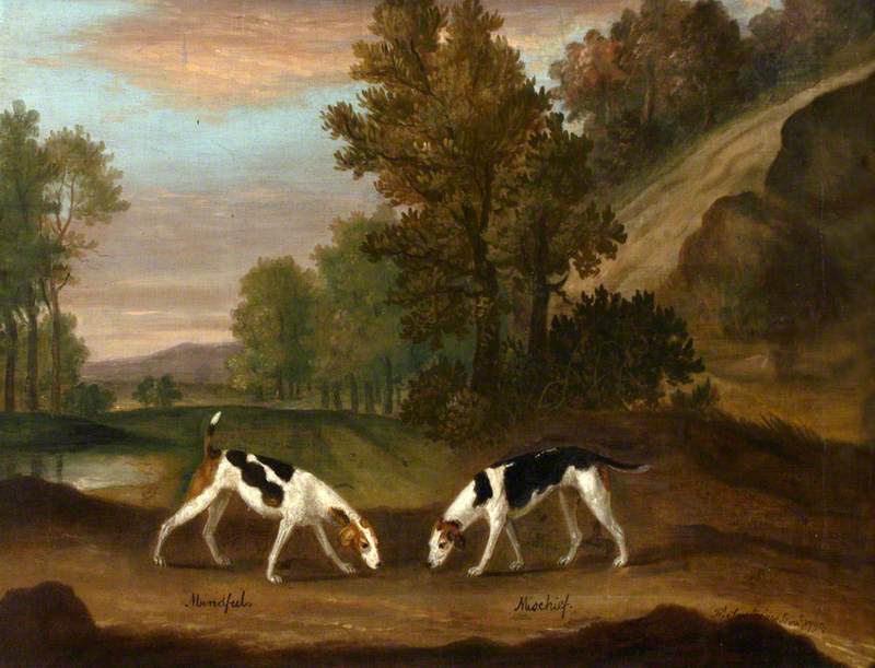 Mindful and Mischief, a Pair of Hounds, vintage artwork by Francis Sartorius, 12x8" (A4) Poster