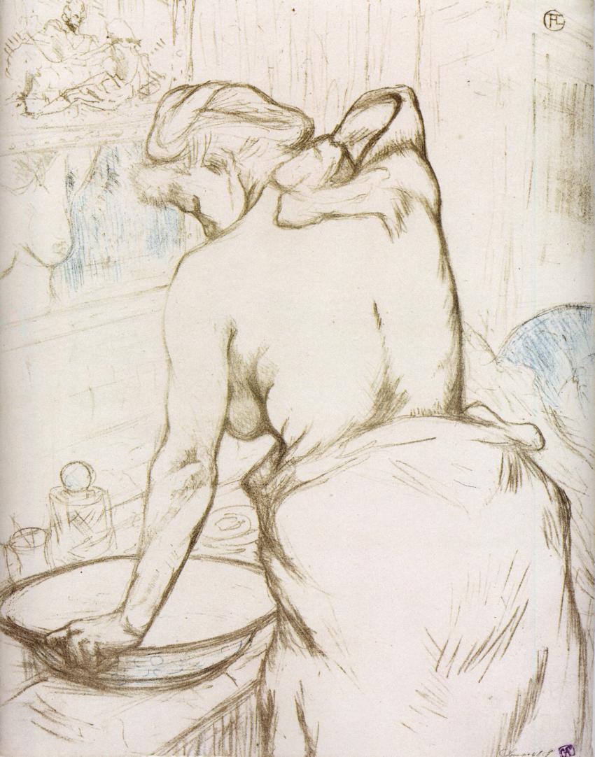 Elles: Woman at Her Toilette, Washing Herself, vintage artwork by Henri de Toulouse-Lautrec, 12x8" (A4) Poster