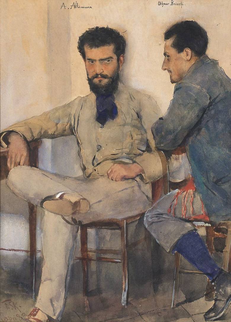 Painter Alessandro Altamura and Othmar Brioschi Pagano at Hotel Capri, vintage artwork by Franz Skarbina, 12x8" (A4) Poster