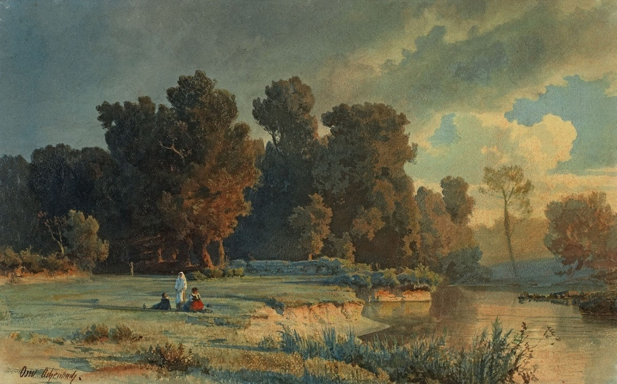 Landscape with Still Water, vintage artwork by Oswald Achenbach, 12x8" (A4) Poster