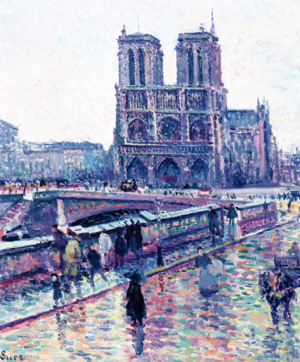 Banks of the Seine with Notre-Dame in the Rain, vintage artwork by Maximilien Luce, 12x8" (A4) Poster