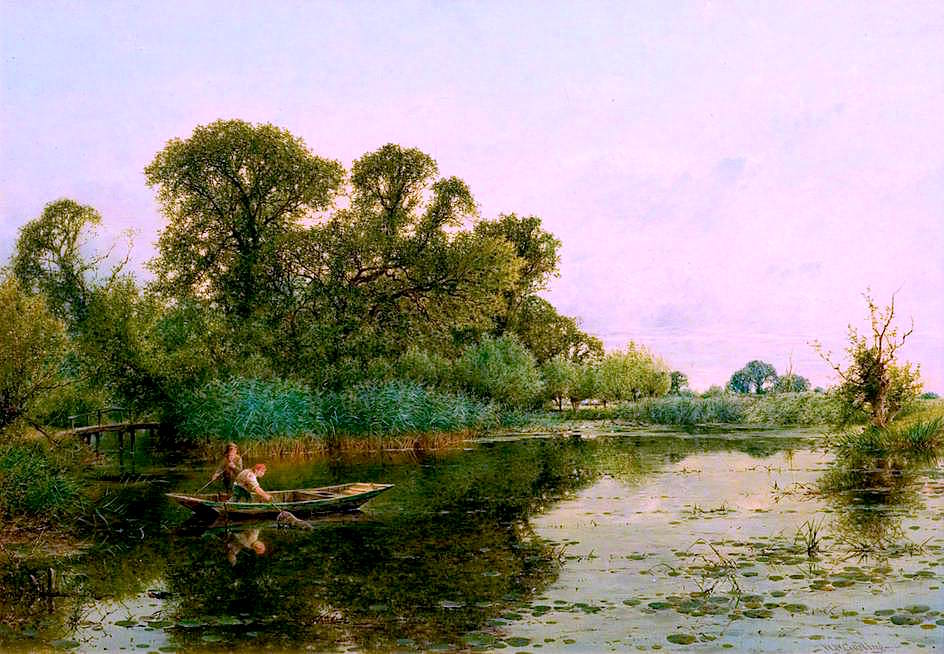 River Scene with Men in a Punt, vintage artwork by William Gosling, 12x8" (A4) Poster