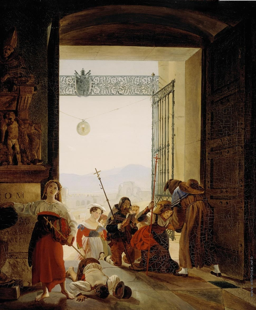 Pilgrims at the Entrance of the Lateran Basilica, vintage artwork by Karl Pavlovich Brulloff, A3 (16x12") Poster Print