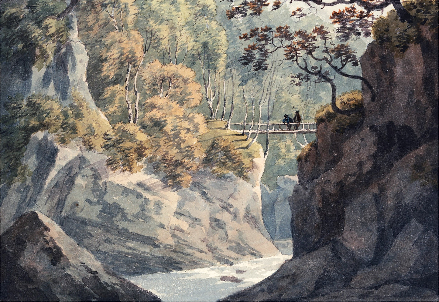 Alpine Bridge and Woodland Scenery near Pistil y Maw, vintage artwork by John Warwick Smith, 12x8" (A4) Poster