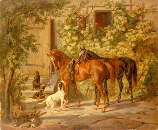 Horses at the Porch, vintage artwork by Albrecht Adam, 12x8" (A4) Poster