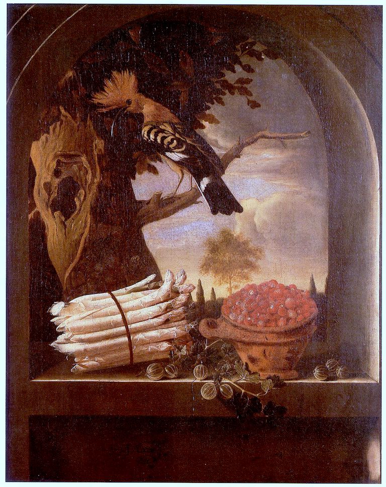 Asparagus, Gooseberries and Strawberries in a Window, with a View of a Bird in a Tree, vintage artwork by Adriaen Coorte, 12x8" (A4) Poster