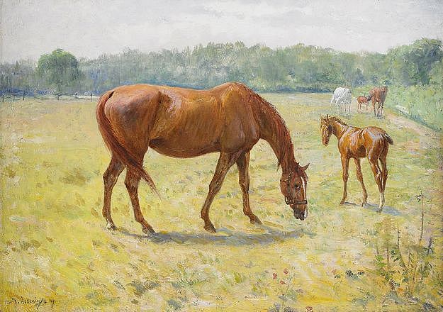 Horses in a Summer Landscape by Karl Georg Arsenius,A3(16x12")Poster