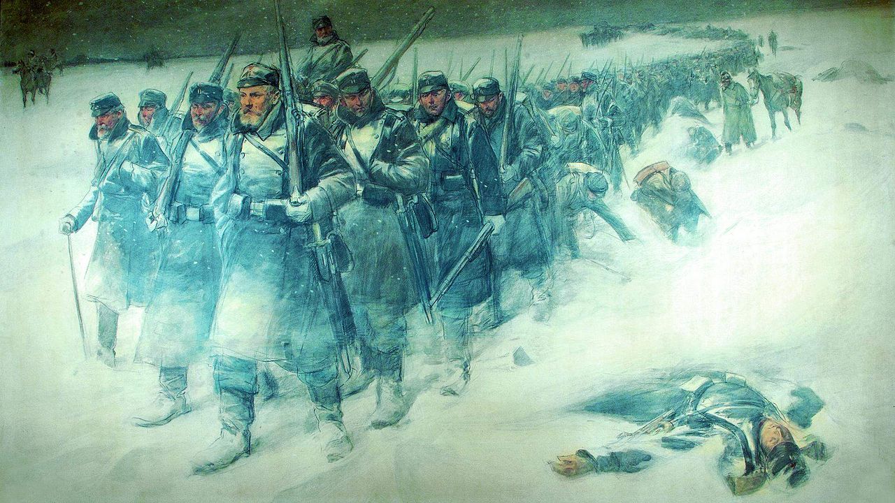Danish infantry during the retreat from Dannevirke the night of 5 and 6 February 1864, vintage artwork by Erik Henningsen, 12x8" (A4) Poster
