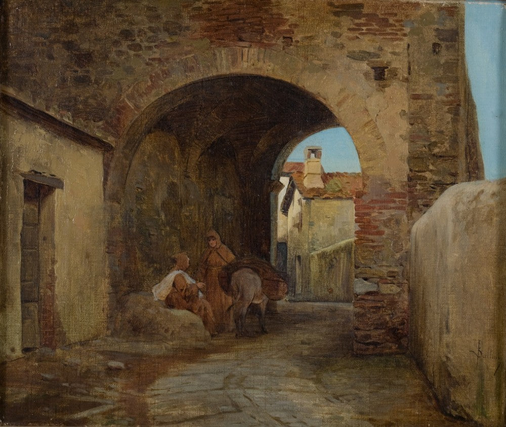 Mediterranean Village with Two Monks Along the Way, vintage artwork by Pietro Saltini, 12x8" (A4) Poster