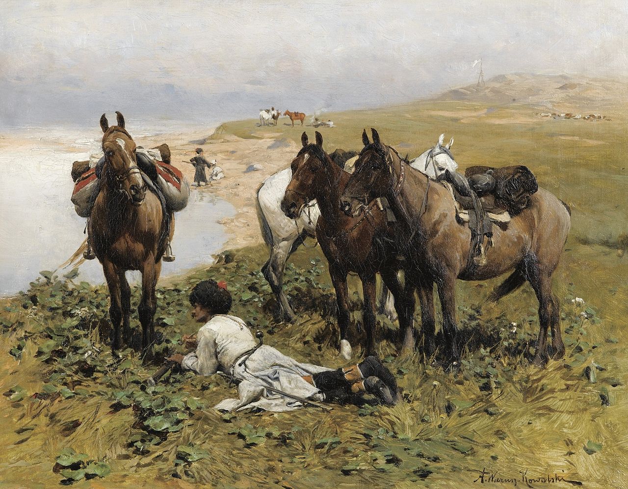 Caucasian Riders Resting, vintage artwork by Alfred von Wierusz-Kowalski, 12x8" (A4) Poster