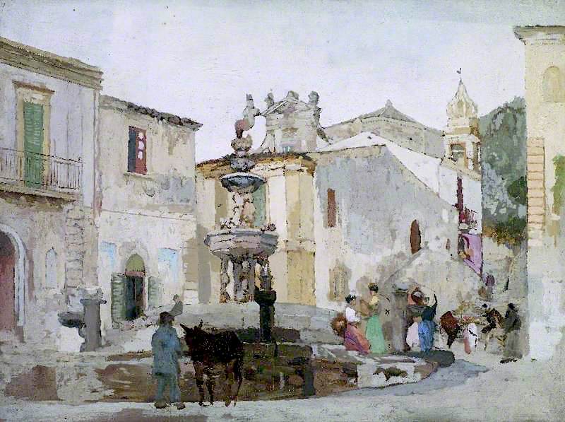 Piazza del Duomo, Taormina, Sicily, Looking up to the Carmine Church, vintage artwork by James Kerr-Lawson, 12x8" (A4) Poster
