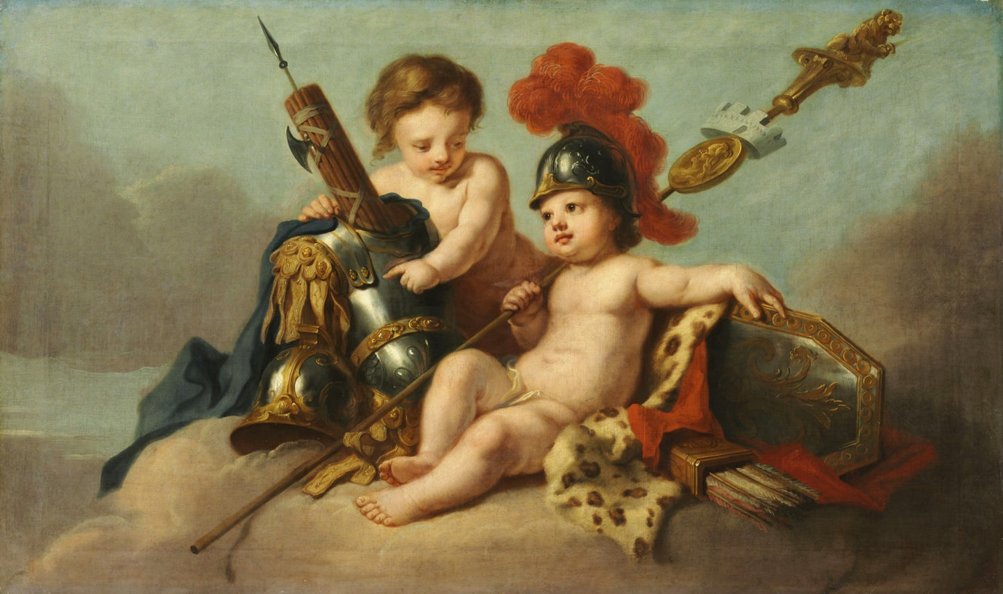 Children Floating on Clouds with Arms, Armour and Insignia, vintage artwork by Johann Heinrich Tischbein the Elder, 12x8" (A4) Poster