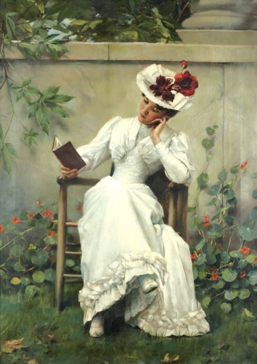 Lady with Book in Garden, vintage artwork by Frantisek (Franz) Dvorak, 12x8" (A4) Poster