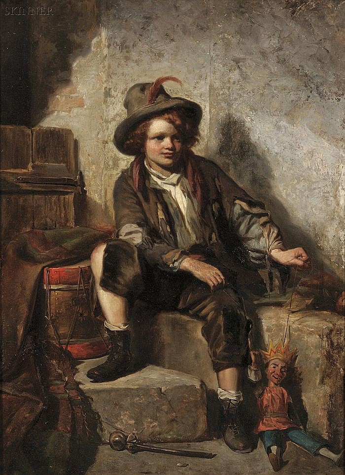 Portrait of a Boy with a Puppet, vintage artwork by Ludwig Knaus, 12x8" (A4) Poster