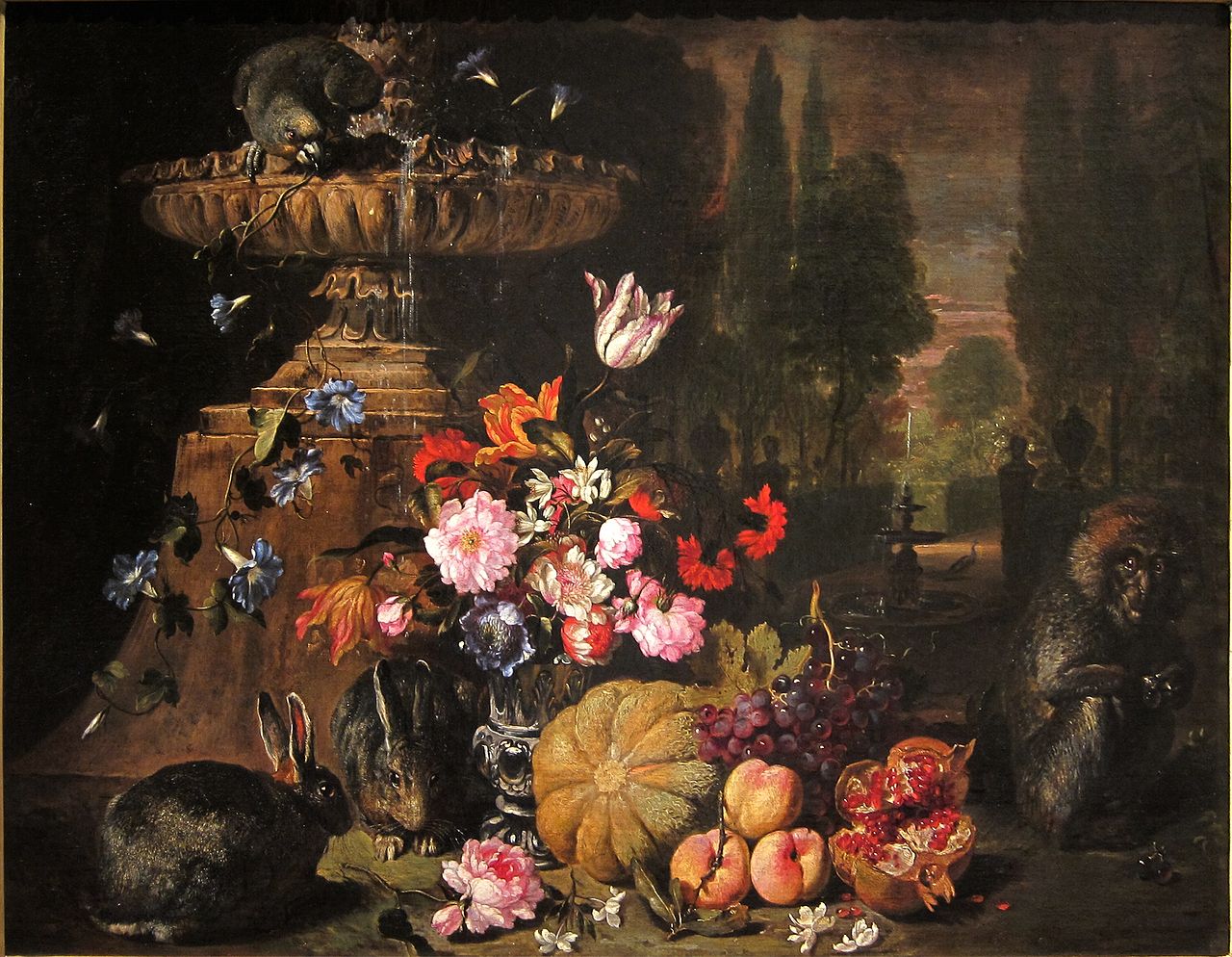 Still life of fruit and flowers with animals, vintage artwork by David de Coninck, 12x8" (A4) Poster
