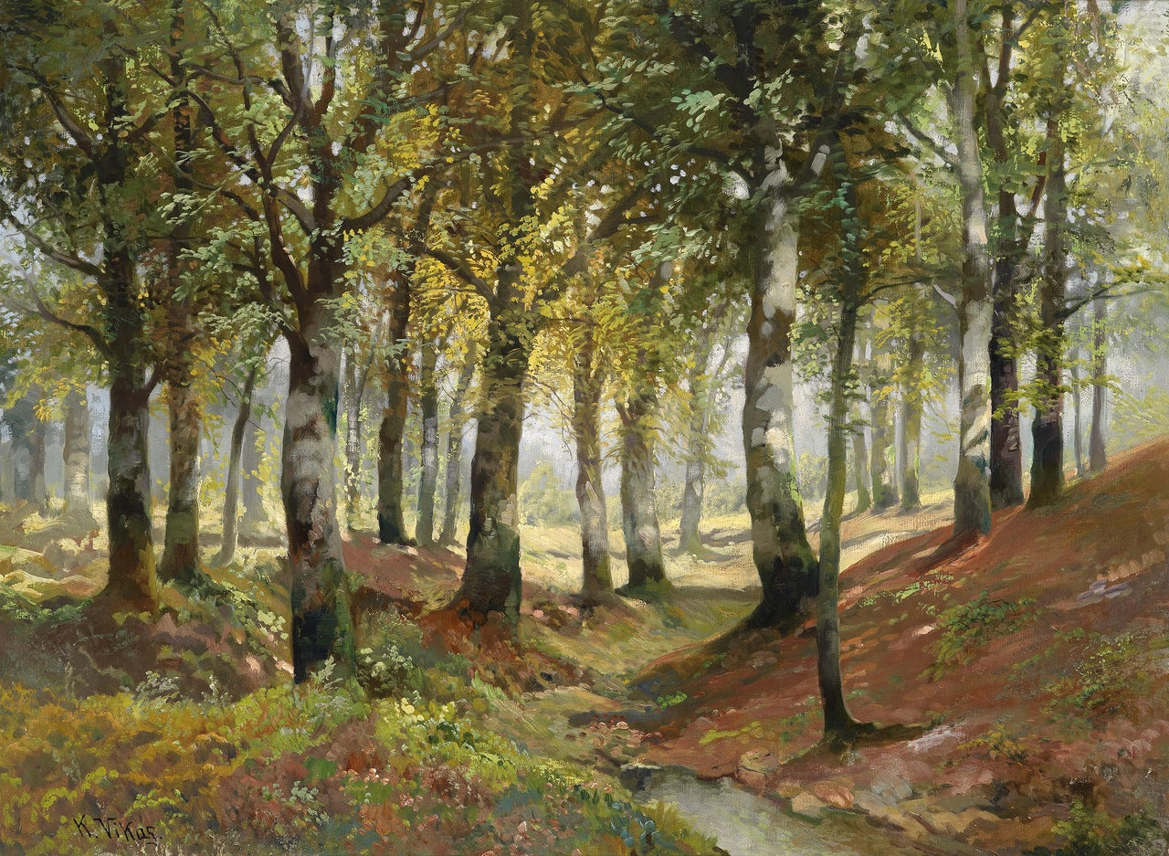 Sunlit Woodland, vintage artwork by Karl Vikas, 12x8" (A4) Poster