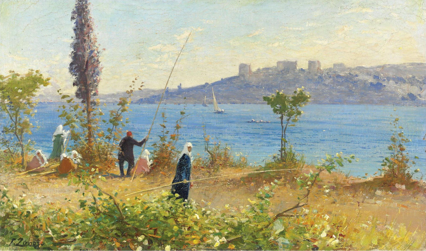 Harem Girls Fishing by the Bosphorus, vintage artwork by Fausto Zonaro, 12x8" (A4) Poster