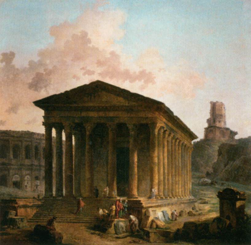 The Maison Caree, the Arenas and the Magne Tower in Nîmes, vintage artwork by Hubert Robert, 12x8" (A4) Poster