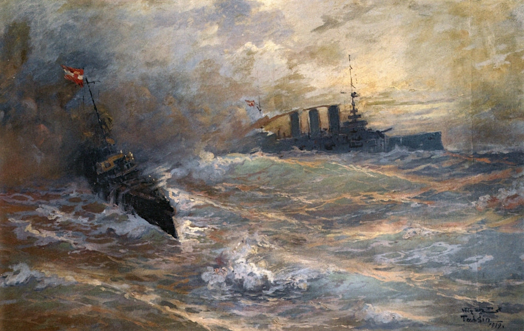 Battleships on High Seas, vintage artwork by Diyarbakirli Tahsin, 12x8" (A4) Poster