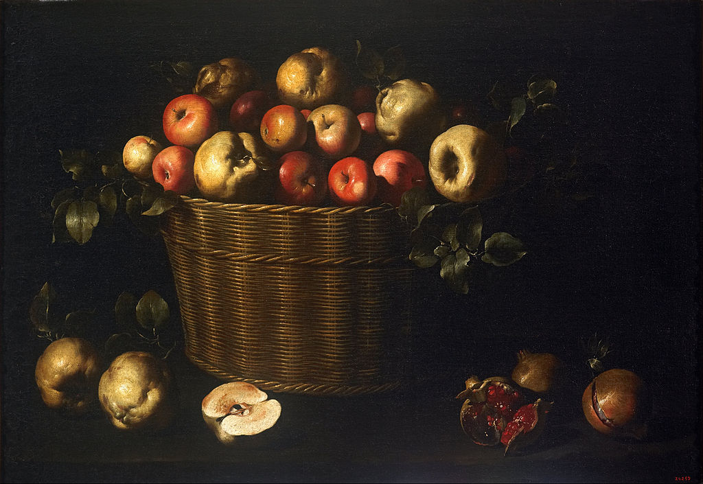 Basket with Apples, Quinces and Pomegranates, vintage artwork by Juan de Zurbaran, 12x8" (A4) Poster