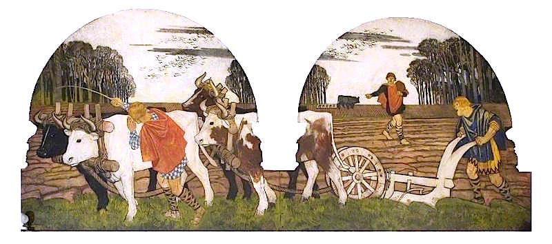 Ploughing, Sowing and Harrowing, c.1060, vintage artwork by Maurice William Greiffenhagen, 12x8" (A4) Poster