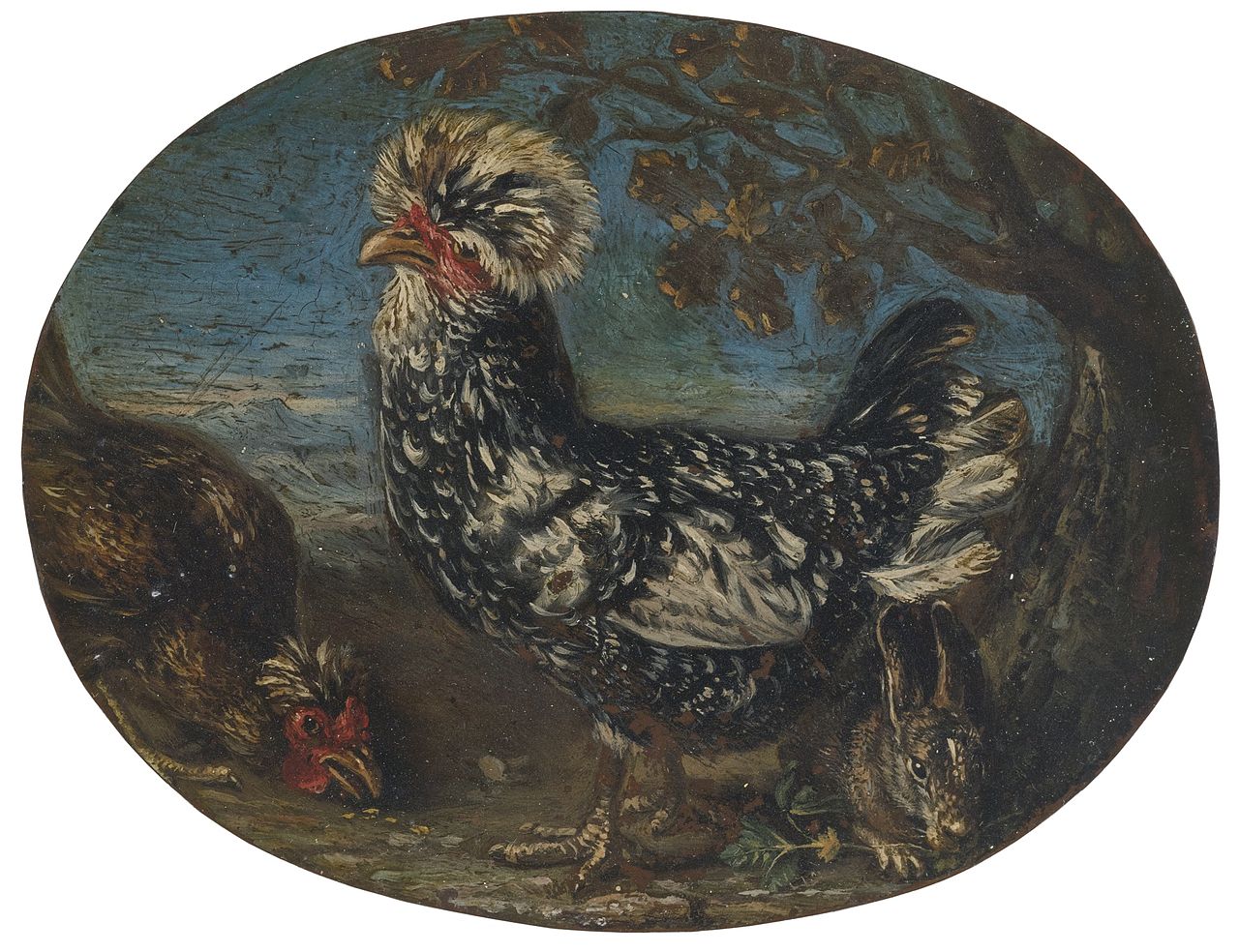 Roosters and a rabbit in a landscape, vintage artwork by David de Coninck, 12x8" (A4) Poster