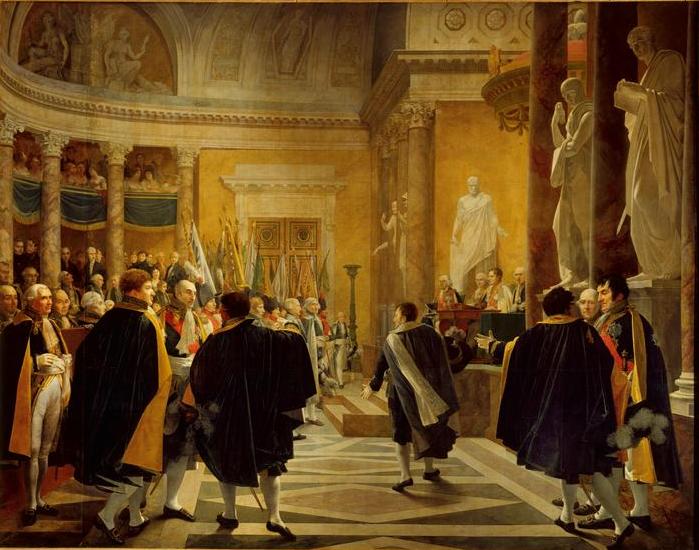 French Senate receives the flags taken in Austria, 1 January 1806, vintage artwork by Jean-Baptiste Regnault, 12x8" (A4) Poster