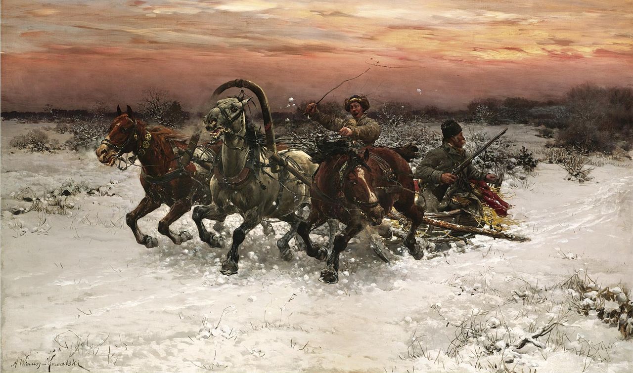 Troika Pursued by Wolves, vintage artwork by Alfred von Wierusz-Kowalski, 12x8" (A4) Poster