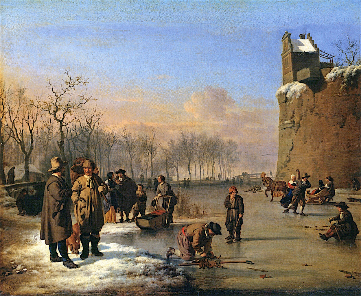 Ice Skating outside the City Wall, vintage artwork by Adriaen van de Velde, 12x8" (A4) Poster