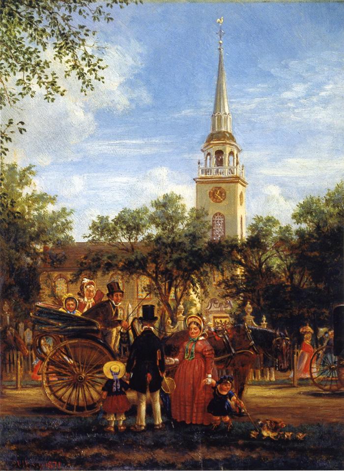 A Chat after Meeting, vintage artwork by Edward Lamson Henry, 12x8" (A4) Poster