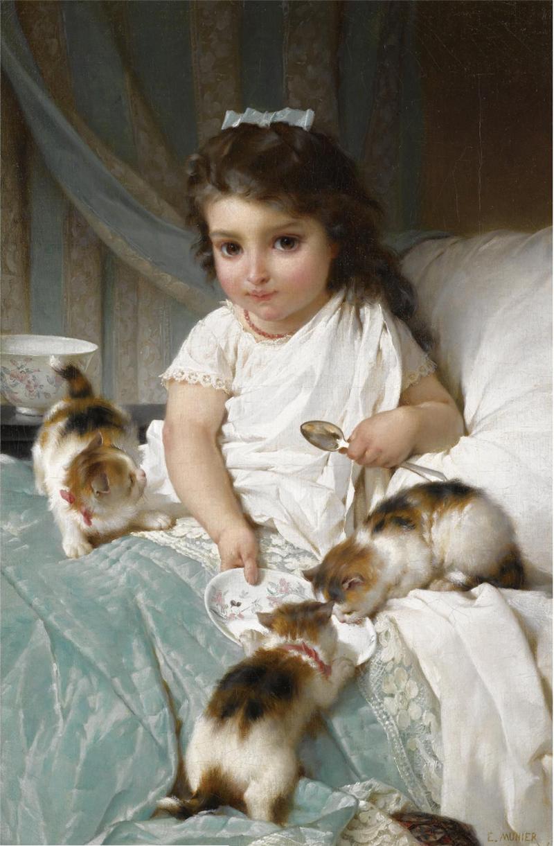 Feeding New Friends, vintage artwork by Émile Munier, 12x8" (A4) Poster