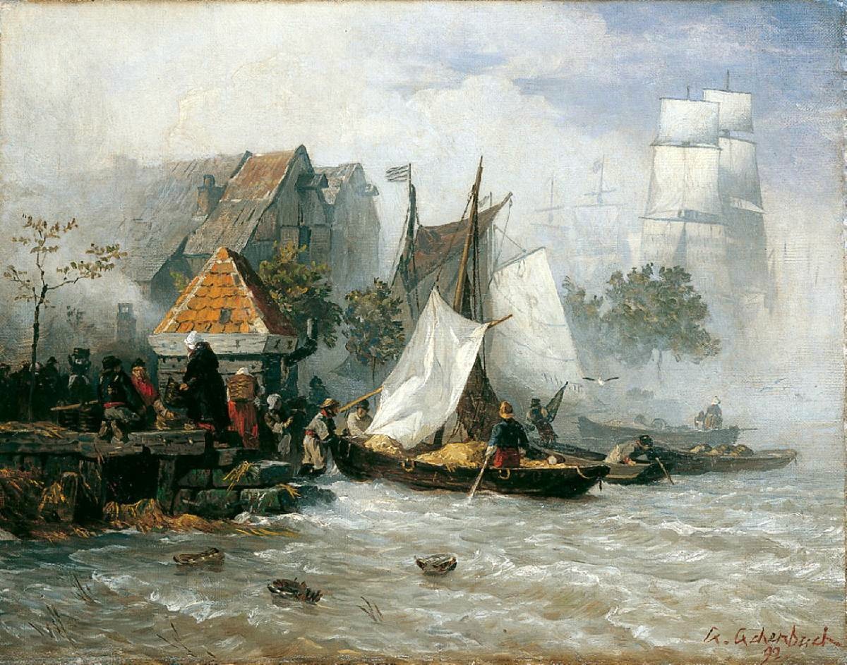 Fisherboats at the Mole, vintage artwork by Andreas Achenbach, A3 (16x12") Poster Print