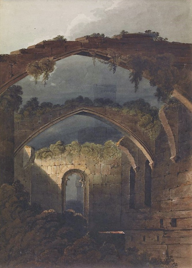 The Great Hall, Conway Castle:  by  Moonlight, vintage artwork by Samuel Prout, 12x8" (A4) Poster