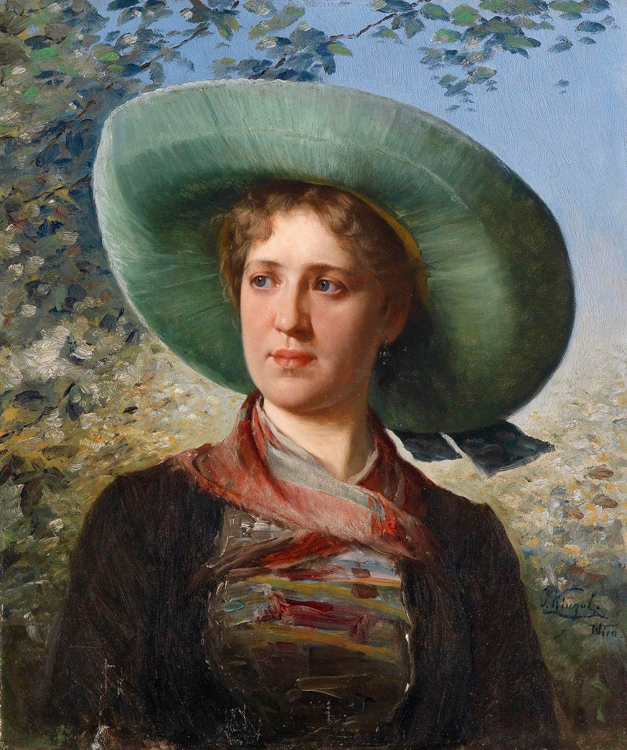 Portrait of a Young Woman with Hat, vintage artwork by Josef Kinzel, 12x8" (A4) Poster