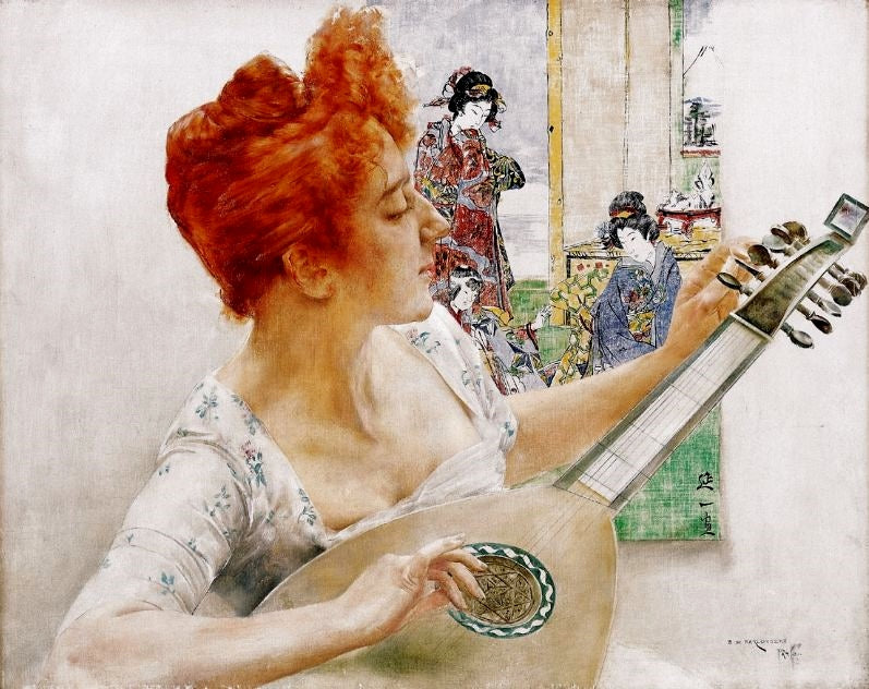 Woman with a lute, vintage artwork by Bertelan Karlovsky, 12x8" (A4) Poster