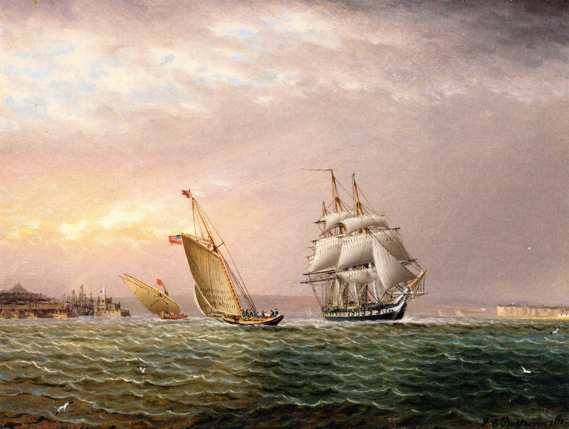 American Ship in the Tagus River off Belem Tower, vintage artwork by James E. Buttersworth, A3 (16x12") Poster Print