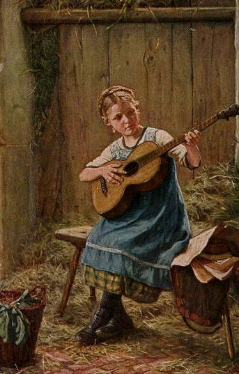 Madchen mit Gitarre in der Scheune, vintage artwork by Gustave Igler, 12x8" (A4) Poster