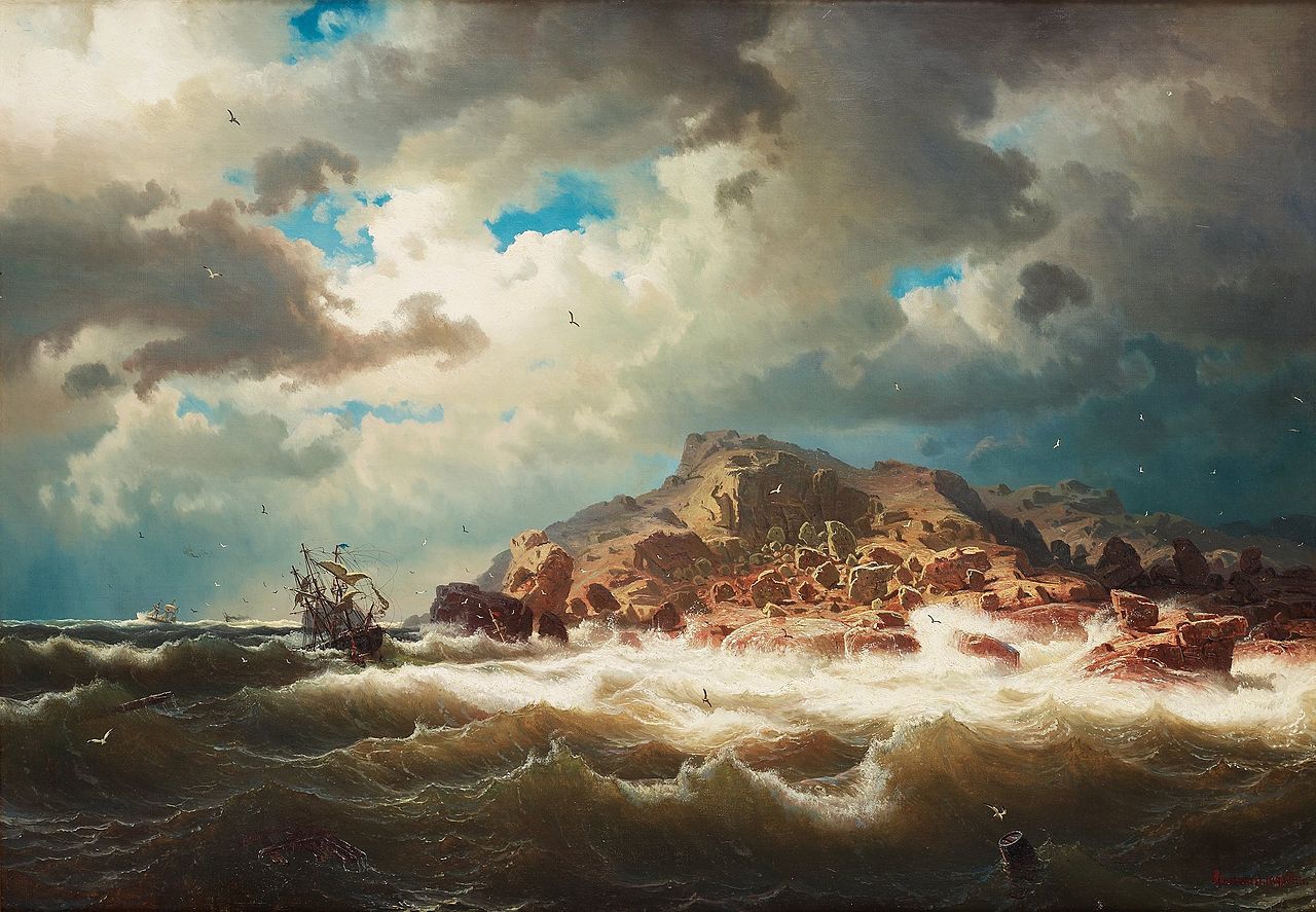 Ship by The Coast, vintage artwork by Marcus Larson, 12x8" (A4) Poster