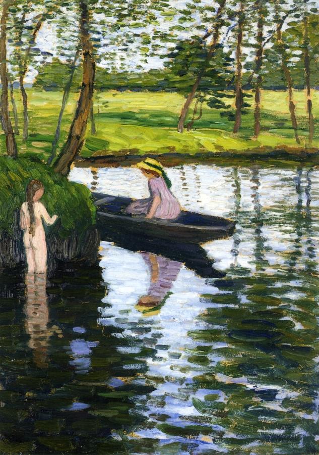 Summer Landscape with Girl and Boat, vintage artwork by Otto Modersohn, 12x8" (A4) Poster