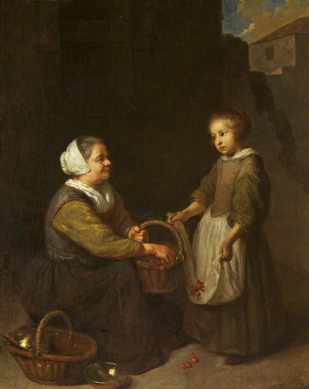 Cherry Woman with a Child, vintage artwork by Caspar Netscher, 12x8" (A4) Poster