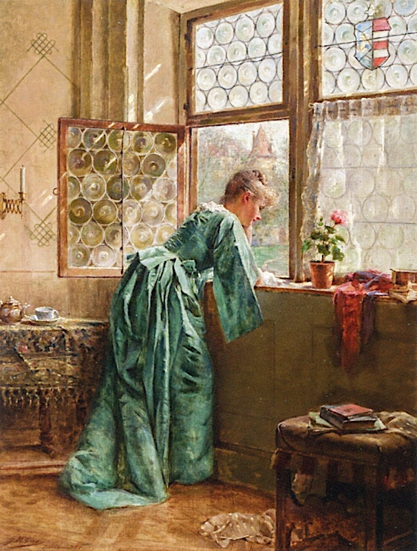 Woman in a Window, vintage artwork by Joseph W. Gies, 12x8" (A4) Poster