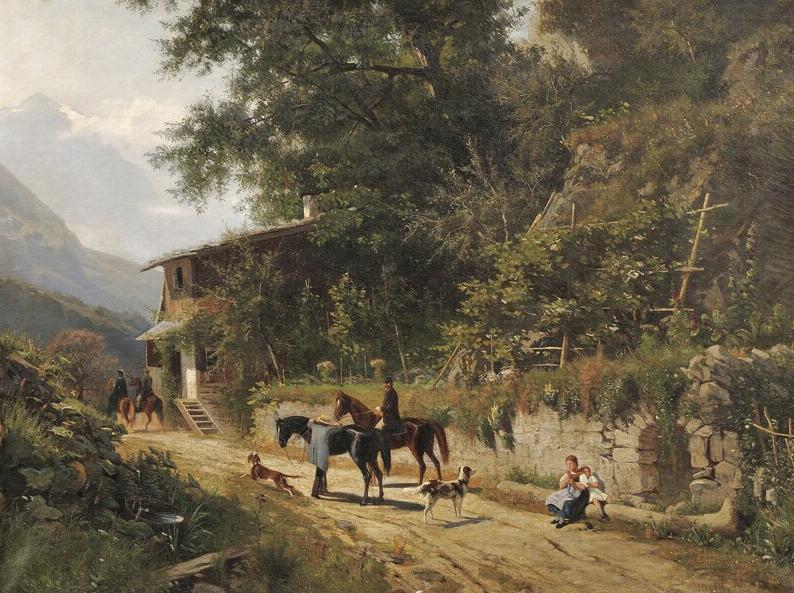 Genre Scene Along an Alpine Road, vintage artwork by Eugen Felix Prosper Bracht, 12x8" (A4) Poster